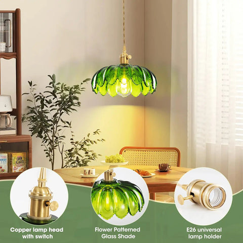 Super Easy Install Green Glass Plug In Pendant Light showcasing flower patterned glass shade and copper lamp head for modern decor.