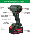 Klanata Cordless Brushless Impact Wrench 20V 1/2-Inch Drive With 380 Nm Torque 3300 BPM And 2400 RPM showing features like LED light and battery.