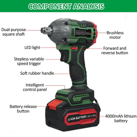 Klanata Cordless Brushless Impact Wrench 20V 1/2-Inch Drive With 380 Nm Torque 3300 BPM And 2400 RPM showing features like LED light and battery.