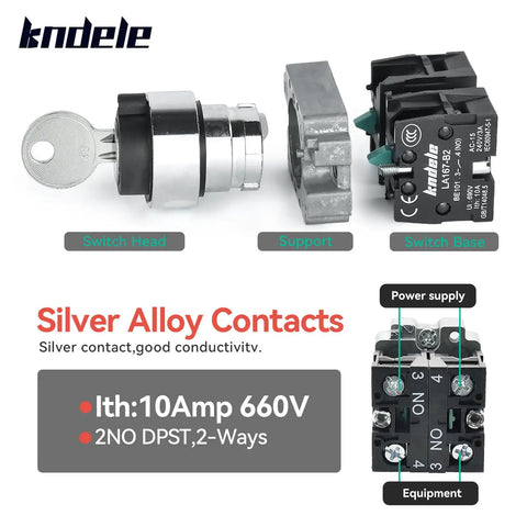 Rugged Seven Eighths Inch 3-Position Key Switch With DPDT 2NO, 10 Amp 690V, Latching Maintained, silver contacts, 22mm panel mount