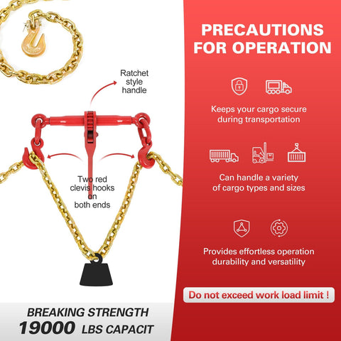 5 16th To 3 8th Inch Ratchet Binder With 10 Ft G80 Chain And G70 Grappling Hook Tie Down Hauling Kit For Flatbed Trailers 5400 Lbs Safe Working Load 19000 Lbs Breaking Strength Beefed Up Heavy Duty Truck Trailer Gear shown with red clevis hooks and ratchet handle.