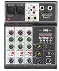 Four Channel Audio Mixer With USB And Bluetooth For Recording, Live Streaming, And Podcasting, compact desktop sound board.
