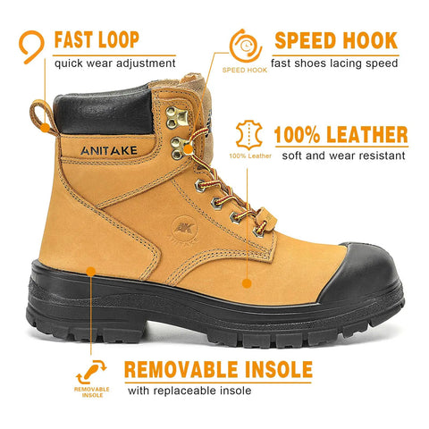 Steel Toe Work Boots For Men 6 Inch Nubuck Leather Electrical Insulation Non Slip Safety Boots with Fast Loop Speed Hook