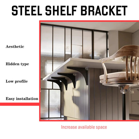 Beefy 1000-Pound Heavy Duty Shelf Brackets Set in industrial steel, black, 12.5x10 inch supporting a countertop