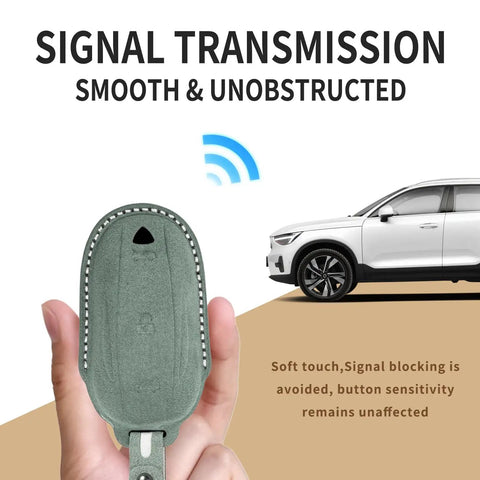 Premium Suede Leather Key Fob Cover For Tesla Model X in hand showing signal transmission capability.