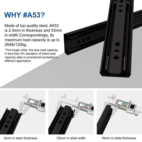32 Inch Matte Black Heavy Duty Drawer Slides One Pair Rust Resistant Cabinet Glides measuring thickness and width specifications.