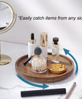 Acacia Wood Lazy Susan Turntable Organizer For Kitchen Cabinets And Pantry Rotating Spice Rack Countertop Table Organizer Small Size Ideal For Organizing Spices Oils Condiments With Smooth 360 Rotation displaying cosmetics on a vanity.