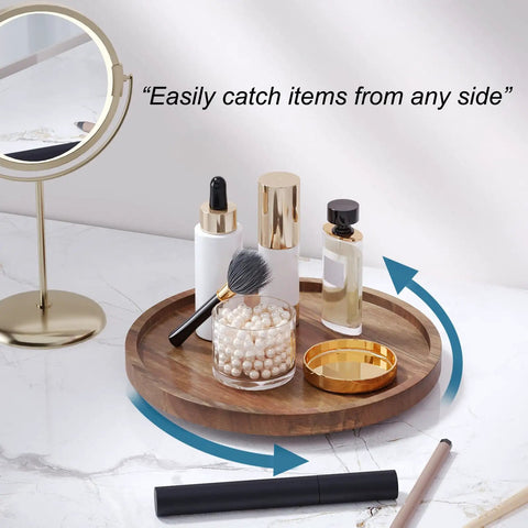 Acacia Wood Lazy Susan Turntable Organizer For Kitchen Cabinets And Pantry Rotating Spice Rack Countertop Table Organizer Small Size Ideal For Organizing Spices Oils Condiments With Smooth 360 Rotation displaying cosmetics on a vanity.
