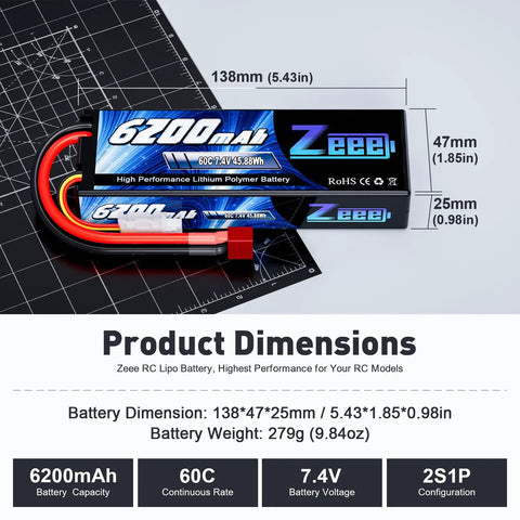Beefy 2S 6200mAh LiPo Battery 7.4V 60C Hard Case Pack With T Connector dimensions and features for RC vehicles