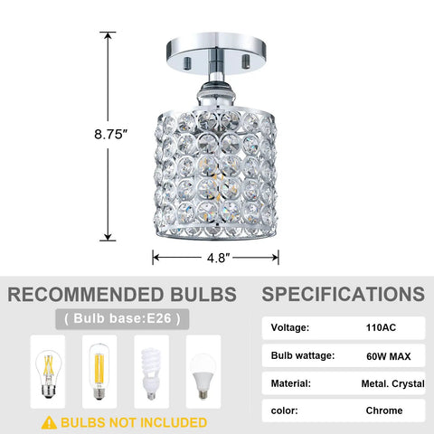 Three Pack One Light K9 Polygon Crystal Industrial Modern Farmhouse Semi Flush Mount Ceiling Light with 5.5 Inch Chrome Shade