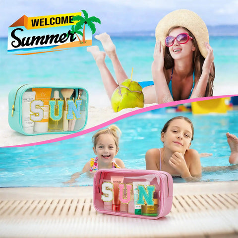 Clear Sunscreen Zipper Bag For Beach And Pool, Waterproof See Through Makeup Pouch With Glitter Sun Design in beach setting