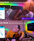 Woman using 25 Ft Bluetooth LED Strip Lights For Bedroom Color Changing RGB Light Strip With Music Sync App for ambiance