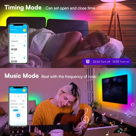 Woman using 25 Ft Bluetooth LED Strip Lights For Bedroom Color Changing RGB Light Strip With Music Sync App for ambiance