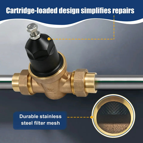 Three Quarter Inch NR3XL Pressure Reducing Valve With 400 Psi Max And Adjustable 15 To 75 Psi Factory Default 50 Psi Durable Cast Bronze Body Smart Water Saver That Slashes Waste And Cuts Your Water Bill, black cap and stainless steel mesh