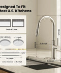 JOMOO Brushed Nickel Kitchen Faucet with Pull Down Sprayer, 2-Mode shown with dimensions for proper fit in kitchens.