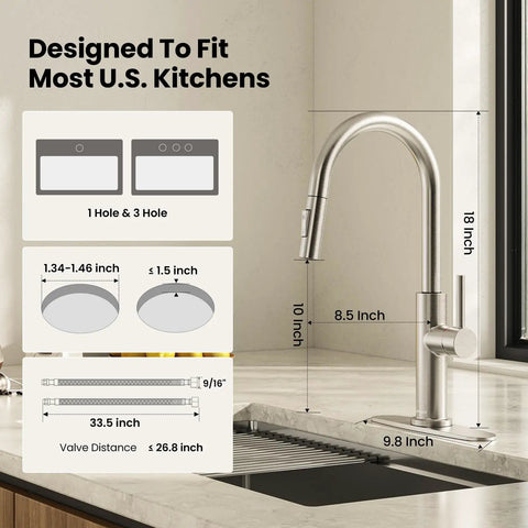 JOMOO Brushed Nickel Kitchen Faucet with Pull Down Sprayer, 2-Mode shown with dimensions for proper fit in kitchens.