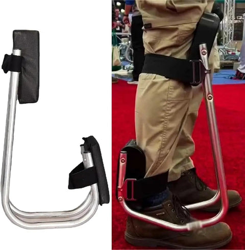 Set of 2 Knee Seats For Gardening, Strap On Kneeling Pads for one leg support, shown in use and side view on red carpet