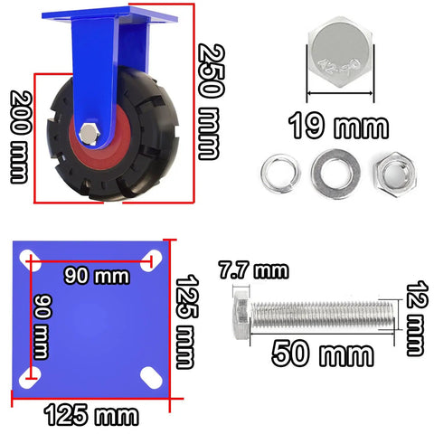Heavy Duty Rubber Casters 200 Mm Swivel Wheels Silent Shock Absorbent Natural Rubber Treads Stainless Steel Plates hardware and dimensions layout