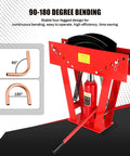 16 Ton Manual Hydraulic Pipe Bender With Eight Included Dies For Copper Tubing And Steel Piping, showing 90-180 degree bending feature.