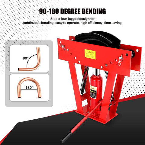 16 Ton Manual Hydraulic Pipe Bender With Eight Included Dies For Copper Tubing And Steel Piping, showing 90-180 degree bending feature.