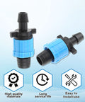 Fifty Piece Drip Irrigation Connector Kit For Five Eighth Inch Drip Tape Tubing, Barbed Locking Fittings, Blue Twist Lock Design