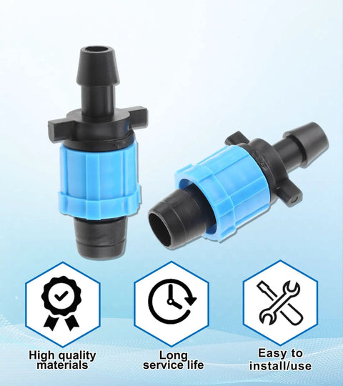 Fifty Piece Drip Irrigation Connector Kit For Five Eighth Inch Drip Tape Tubing, Barbed Locking Fittings, Blue Twist Lock Design