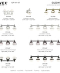 Livex Lighting Oldwick collection showing various transitional vanity fixtures in chrome, brass, and bronze finishes, dimensions listed.