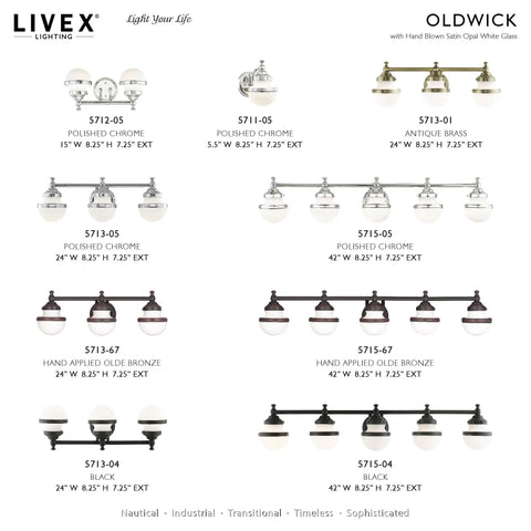 Livex Lighting Oldwick collection showing various transitional vanity fixtures in chrome, brass, and bronze finishes, dimensions listed.