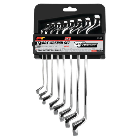 8 Piece Offset SAE Box Wrench Set With 12 Point Box End Design For Easy Access And Increased Torque In Tight Spaces hanging on display