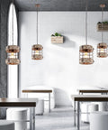 Retro Industrial Round Wood And Metal Chandelier Pendant Light For Kitchen Island Foyer Bar Dining Room 1 Light Cage Fixture In White Brown 7.8 In Diameter By 8.58 In Height Rustic Farmhouse Vibe hanging in a modern dining space.