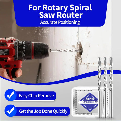 50 Pack Drywall Cutting Bits One Eighth Inch Spiral Saw Tip High Speed Steel Guide Point Drill Bits in use on gypsum board.