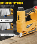 Heavy Duty 3 In 1 Cordless Staple Gun Runs On 21V Power And Shoots T50 Staples Plus 18 Gauge Brad Nails, featuring built-in safety lock.