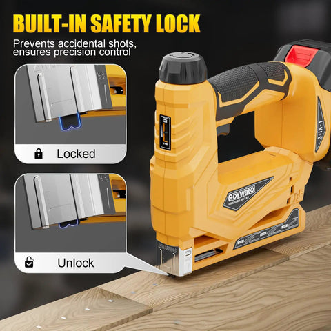 Heavy Duty 3 In 1 Cordless Staple Gun Runs On 21V Power And Shoots T50 Staples Plus 18 Gauge Brad Nails, featuring built-in safety lock.