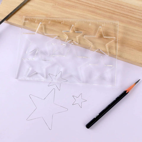 Kickass Star Router Jig Template Clear Hardened Acrylic Inlay Guide For Woodworking with star cutouts on paper.