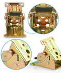 Heavy Duty Steel Folding Brackets Self Locking 90 Degree Hinge Kit With Mounting Screws For Tables Beds And Workbenches Rust Resistant Zinc Finish Built Tough Solid As A Rock Pack Of Four close-up of zinc coated hinge with spring mechanism.