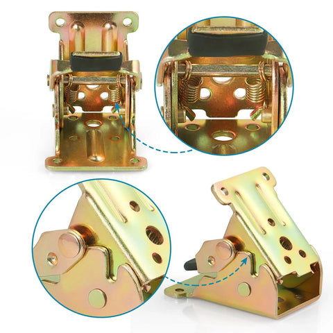 Heavy Duty Steel Folding Brackets Self Locking 90 Degree Hinge Kit With Mounting Screws For Tables Beds And Workbenches Rust Resistant Zinc Finish Built Tough Solid As A Rock Pack Of Four close-up of zinc coated hinge with spring mechanism.
