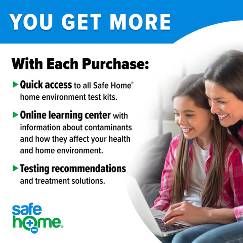 Mother and daughter using laptop, highlighting benefits of Safe Home environment test kits, quick access, and learning resources.
