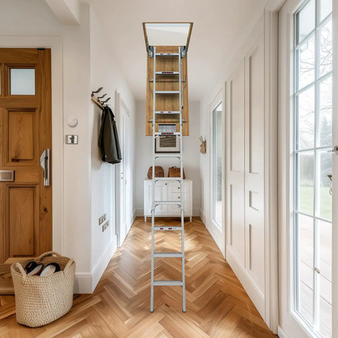 10 Ft Aluminum Attic Ladder Pull Down System For 22.5 X 54 Inch Opening, Fits Ceilings From 7 Ft 8 In To 10 Ft 3 In, attic ladder in hallway