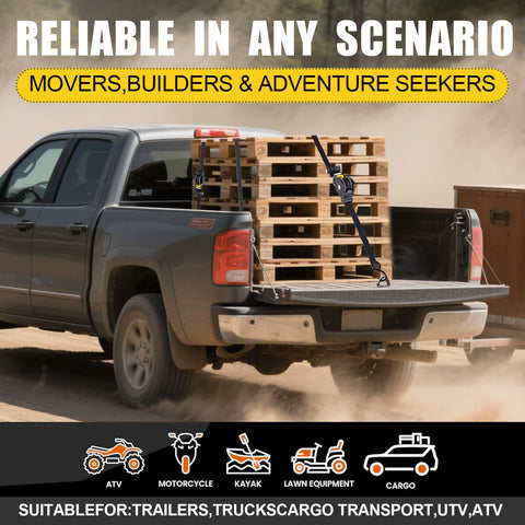 Heavy Duty 1 Inch By 10 Foot Retractable Ratchet Straps Set securing pallets on truck bed