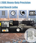 Badass Heavy Duty Precision Metal Workshop Bench Lathe With 10.2 Inch Swing And 27.6 Inch Capacity Featuring Variable 115 To 1620 Rpm Speeds 110V Ac Power And Metric Inch Threading Setup Built Tough For Serious Garage Crews, showing machine specs and design.