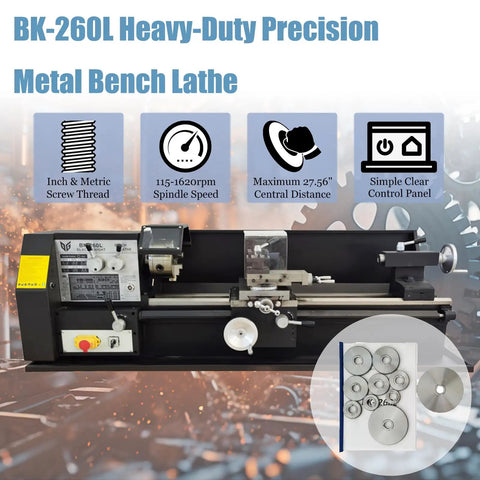 Badass Heavy Duty Precision Metal Workshop Bench Lathe With 10.2 Inch Swing And 27.6 Inch Capacity Featuring Variable 115 To 1620 Rpm Speeds 110V Ac Power And Metric Inch Threading Setup Built Tough For Serious Garage Crews, showing machine specs and design.