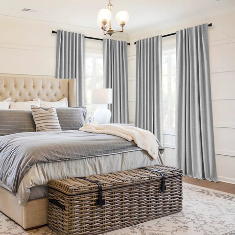 Light Grey 100 Percent Blackout Curtains, 2 Panels Set, 72 Inches Long by 52 Inches Wide Per Panel, shown in a bedroom setting.