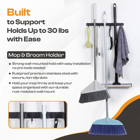 Heavy Duty Stainless Steel Broom Holder Wall Mount With 3 Racks And 4 Hooks holding brooms, mops, and cleaning tools in use.