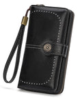 Lux Waxed Leather Wallet For Women With RFID Blocking Large Bifold Card Holder And Wristlet Clutch Premium Soft Leather Secure Space For Cards Cash And IDs On The Go, black wallet with wristlet