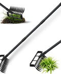 All In One Garden Hoe And Weed Puller With 76.8 Inch Adjustable Stainless Steel Handle Heavy Duty Cultivator And 12 Tine Rake For Easy Weeding Soil Loosening And Backyard Garden Maintenance Black shown in various angles and uses.