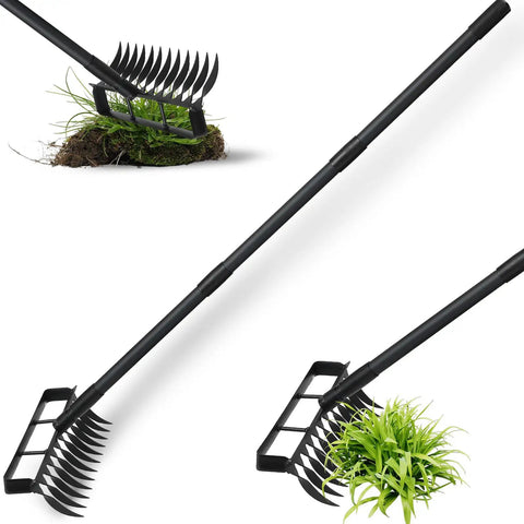 All In One Garden Hoe And Weed Puller With 76.8 Inch Adjustable Stainless Steel Handle Heavy Duty Cultivator And 12 Tine Rake For Easy Weeding Soil Loosening And Backyard Garden Maintenance Black shown in various angles and uses.