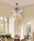 Vintage Industrial Caged Ceiling Fan Light Fixture with Remote,7-Blade Fan in living room with glass window and plants.