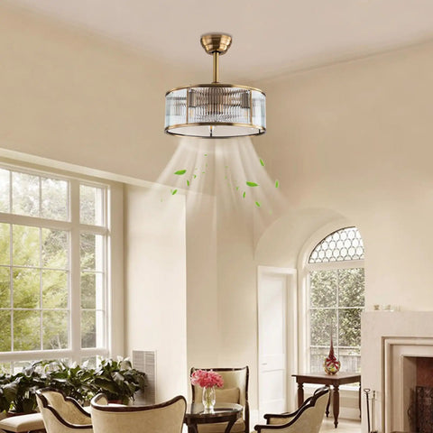 Vintage Industrial Caged Ceiling Fan Light Fixture with Remote,7-Blade Fan in living room with glass window and plants.