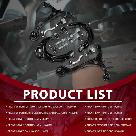 Fresh Front Suspension Control Arm Kit With Ball Joints For Your Ride Includes 12 Pieces Like Upper Lower Arms Tie Rods and sway links set
