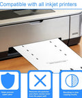 30 Pack Printer Cleaning Sheets 11.2 X 8.26 In use in inkjet printer, showing sheet exiting and benefits of cleaning kit visible.